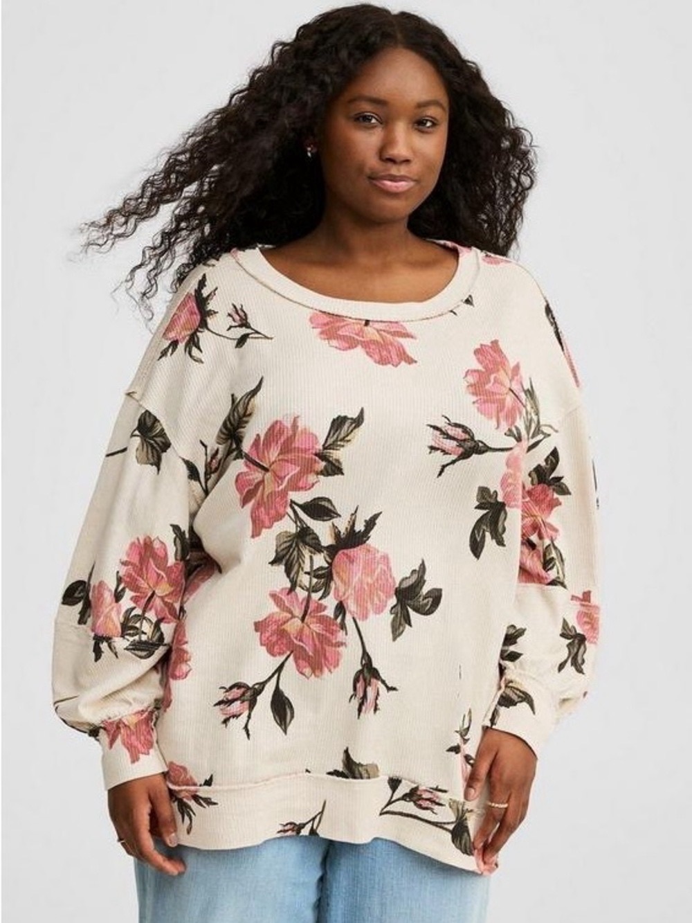 Torrid Size 2X Oversized Rory Floral Sandstone Distressed Exposed Seam Sweater